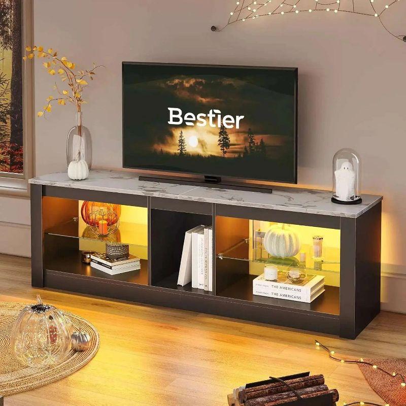 Bestier TV Stand for TVs up to 70" with LED Light, Entertainment Center for PS5 with Shelves, Black Marble