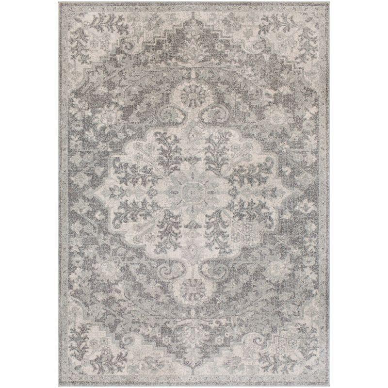 Gray Floral Motif Low Pile Synthetic Area Rug