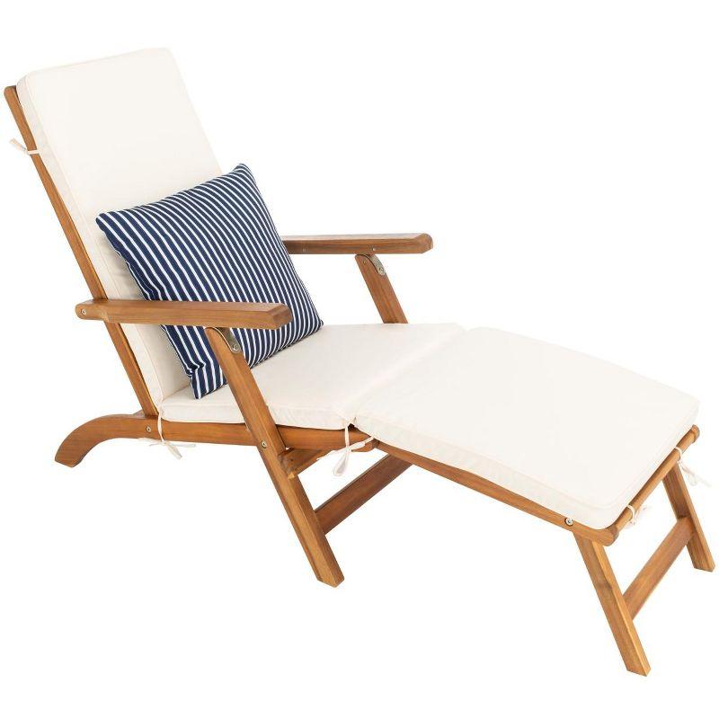 Palmdale Lounge Chair - Outdoor - PAT7015 - Natural/Beige + Blue Stripped Pillow -Safavieh