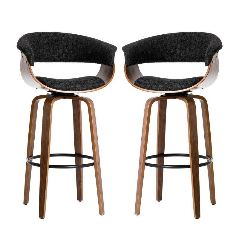 Mid-Century Modern Dark Blue Fabric Walnut Swivel Barstools, Set of 2