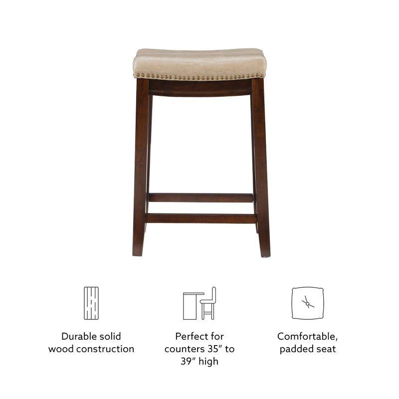 Beige Faux Leather Saddle Counter Stool with Wood Frame