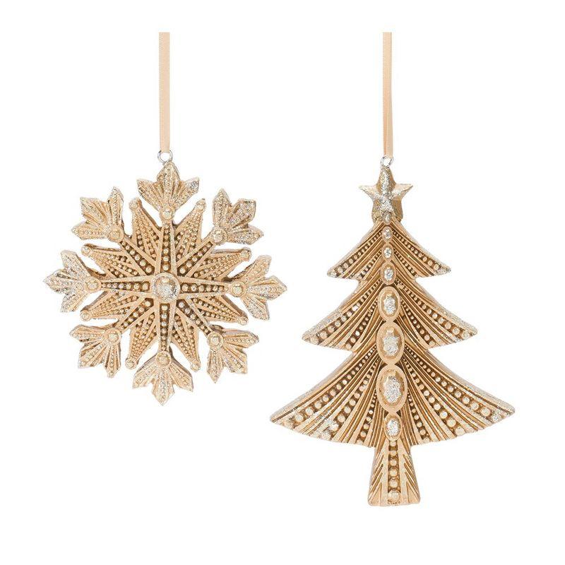 Gold Glittered Pine Tree and Snowflake Resin Ornaments Set