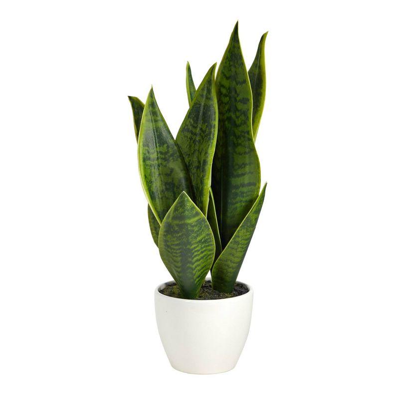 Nearly Natural 16'' Green Plastic Sansevieria Plant in White Pot