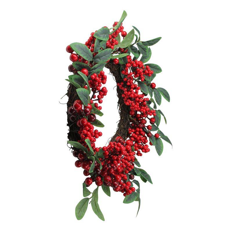 Red Berries and Two-Tone Green Leaves Artificial Christmas Wreath - 18-Inch Unlit