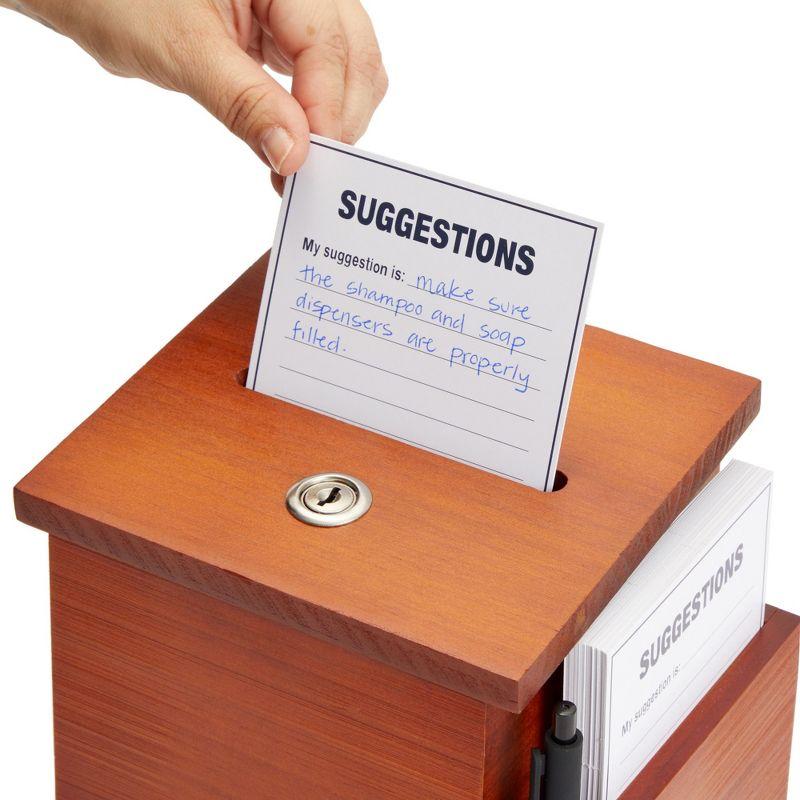 Juvale Wooden Suggestion Box with Lock and Keys, Brown Ballot Box with 50 Blank Suggestion Cards, Locking Lid and Side Slot for Donation, 7.5x7.1x5.5"