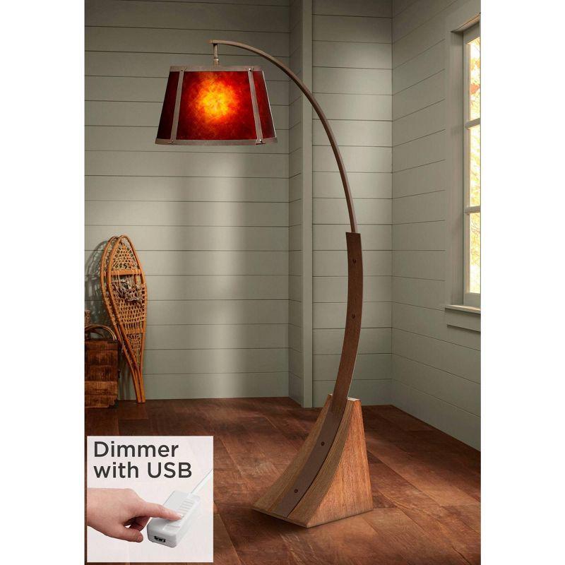 Franklin Iron Works Mission Arc Floor Lamp with USB Charging Port 66 1/2" Tall Dark Rust Amber Mica Shade for Living Room Reading