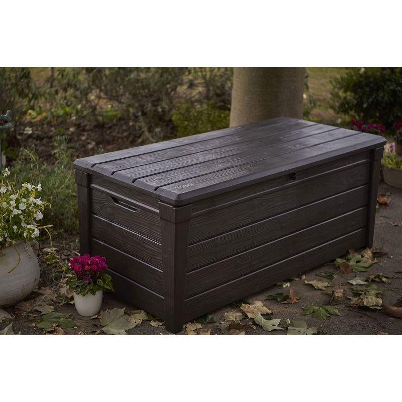 Keter Large 120 Gallon Waterproof All-Weather Resistant Wood Panel Outdoor Deck Garden Storage Box Bench - Brown