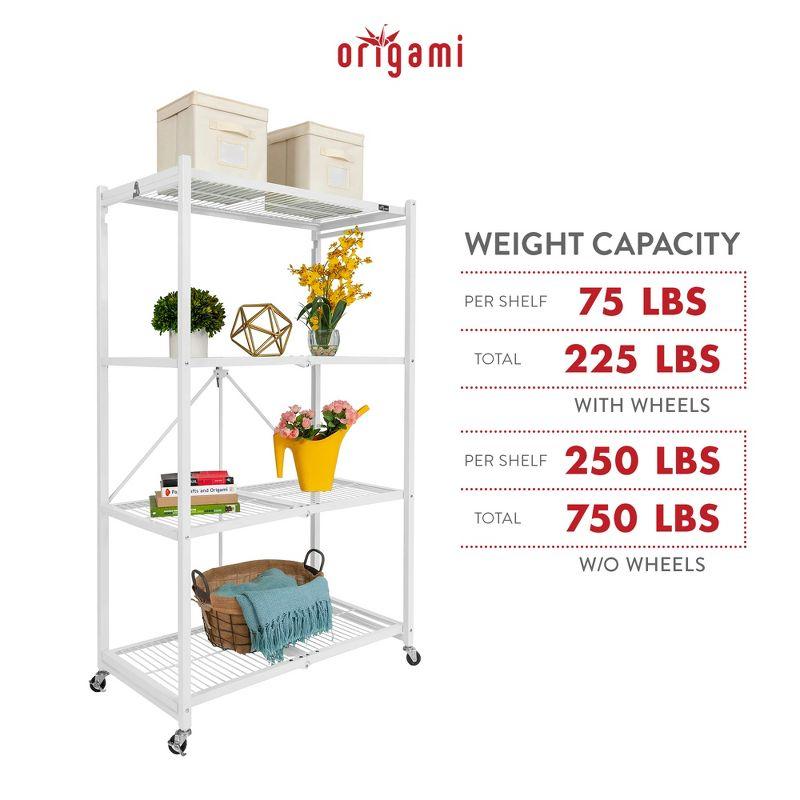 Origami Wheeled 4-Shelf Folding Steel Wire Shelving, White (21" x 36" x 60")