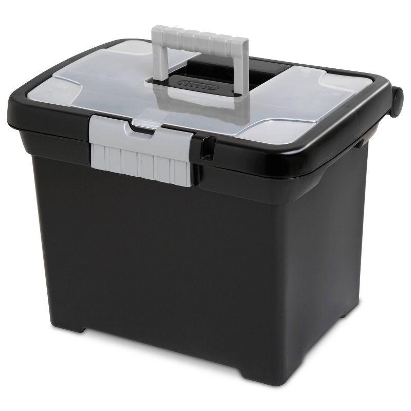 Sterilite Medium Letter File Box Black: Plastic File Organizer with Handle & Clear Cover, 8.5x11 Inch Storage Bin