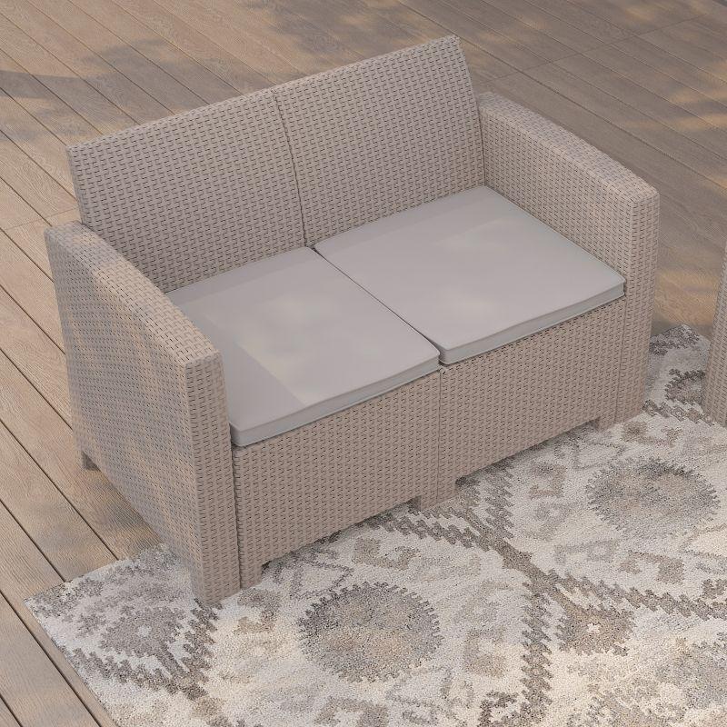 Merrick Lane Outdoor Furniture Resin Loveseat Light Gray Faux Rattan Wicker Pattern 2-Seat Loveseat With All-Weather Beige Cushions
