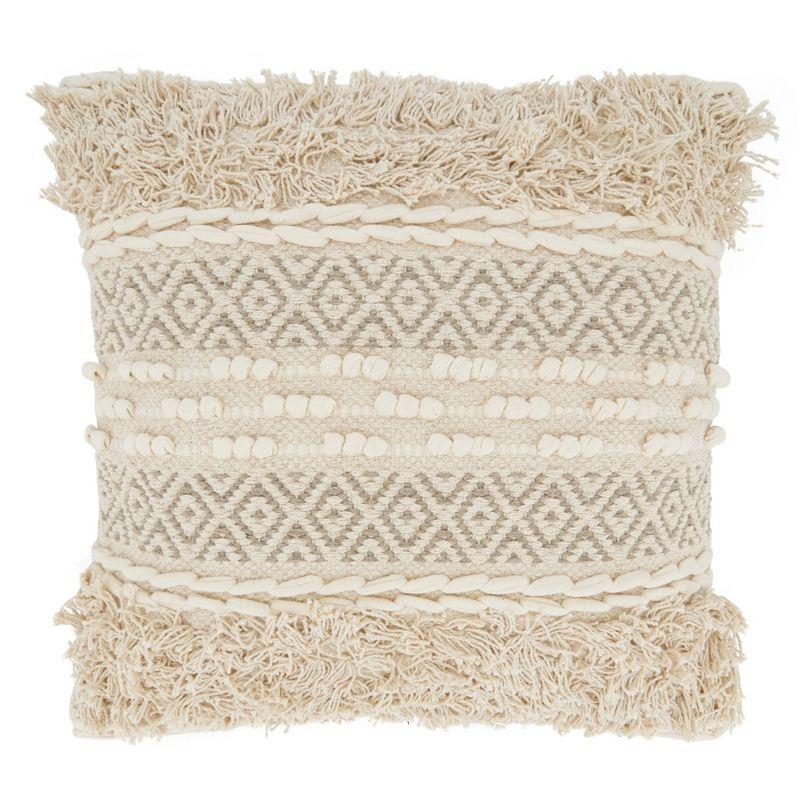 Natural Cotton Moroccan Design Square Throw Pillow with Fringe