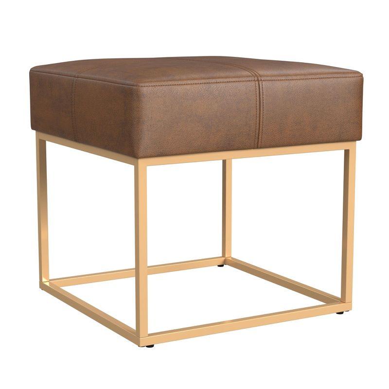 HomePop Small Square Metal Faux Leather Ottoman Brown: Upholstered, MDF & Plywood Frame, 17.5" Height