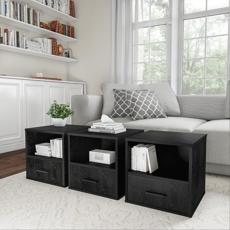 Black Wood and Metal Stackable Cube End Table with Drawer