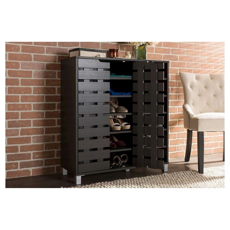 Shirley Modern and Contemporary Wood 2-Door Shoe Cabinet with Open Shelves - Dark Brown - Baxton Studio: Espresso Finish, Metal Frame, 10 Compartments