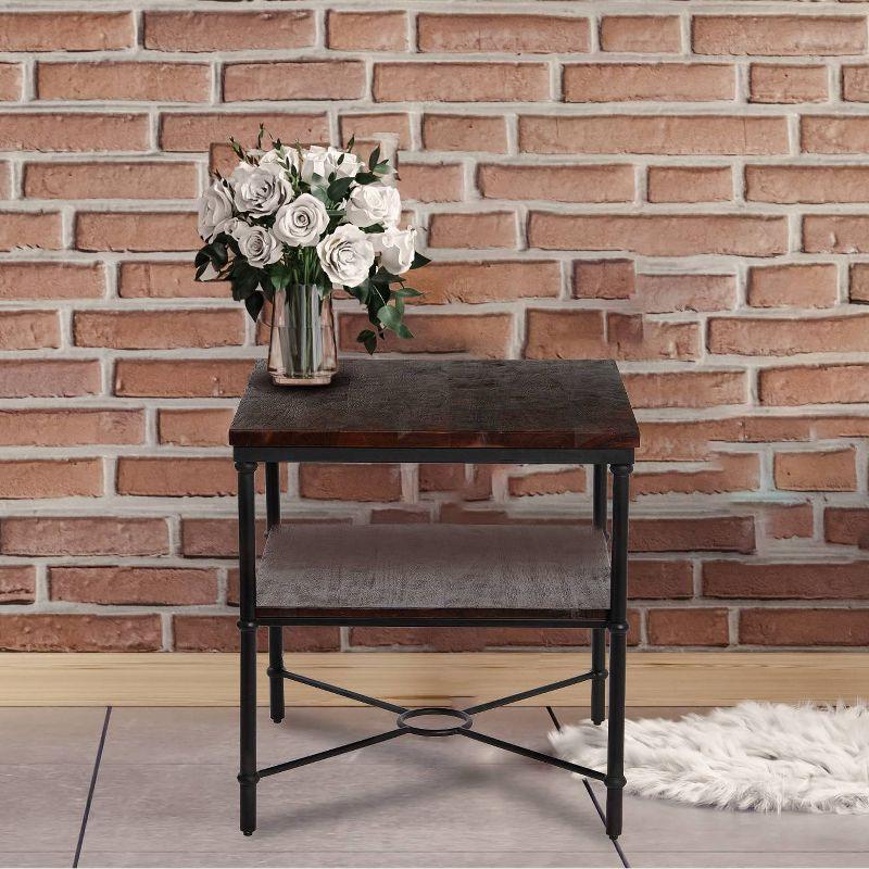 Storied Home Saratoga End Table Gray: 25" High, Iron Frame, Acacia Top, Assembly Required