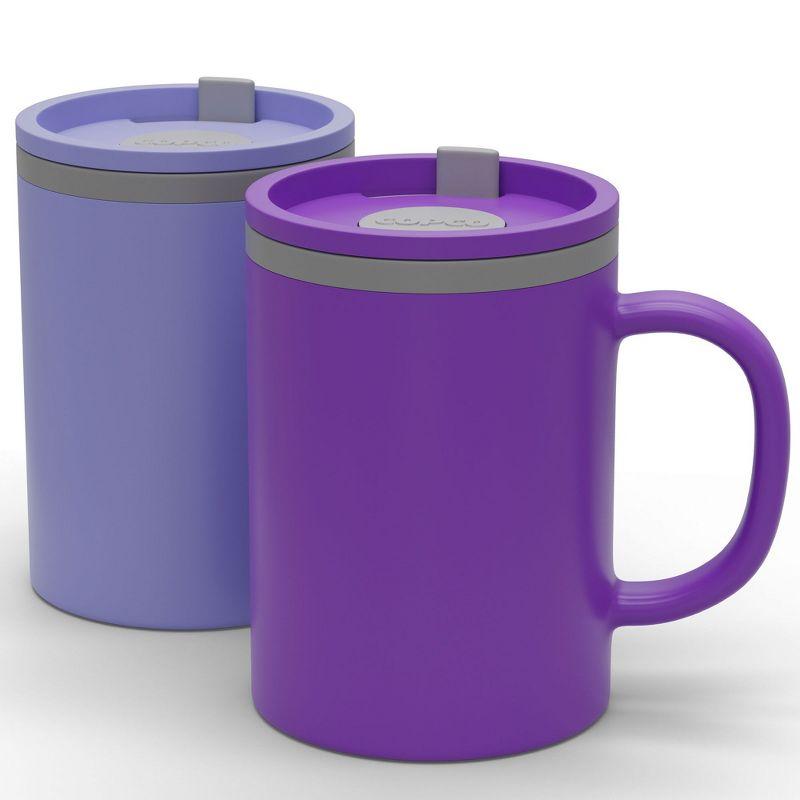 Copco Iconic 16oz Double Wall Insulated Desk Mug with Lid & Handle, Set of 2, BPA-Free Reusable Plastic, Spill-Proof, Wide Mouth (Purple/Light Purple)