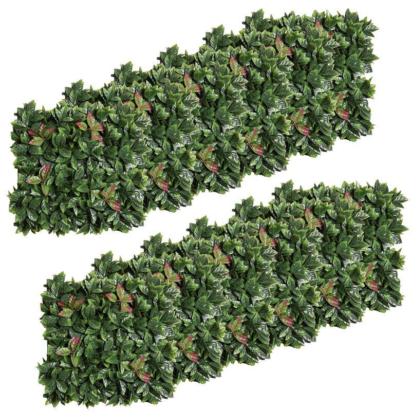 Outsunny Artificial Grass Wall Panel Backdrop, 12 20" x 20" Boxwood UV Protection Privacy Screen Panels, Green and Red