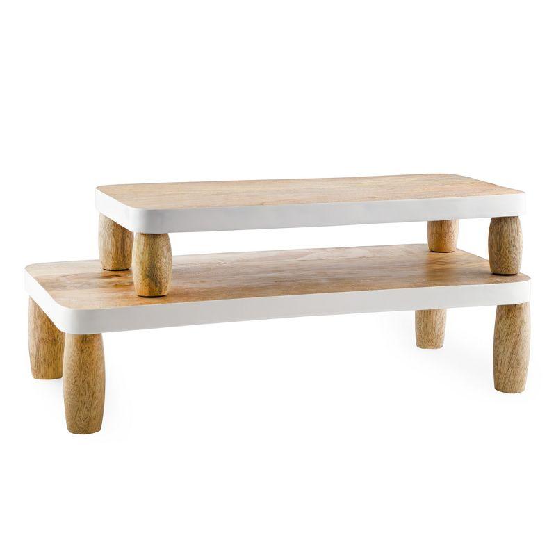 Natural Mango Wood Rectangular Pedestal Risers Set with White Trim