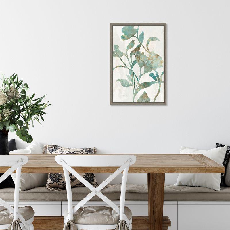 Aqua and Gold Floral Canvas Print with Gray Frame