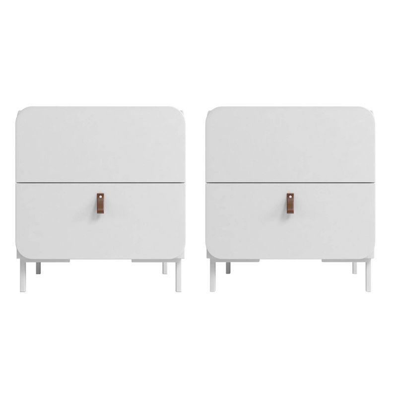 Manhattan Comfort Set of 2 Bogardus Mid Century Modern Nightstands White: Rounded Drawer, Leather Pull, Particle Board