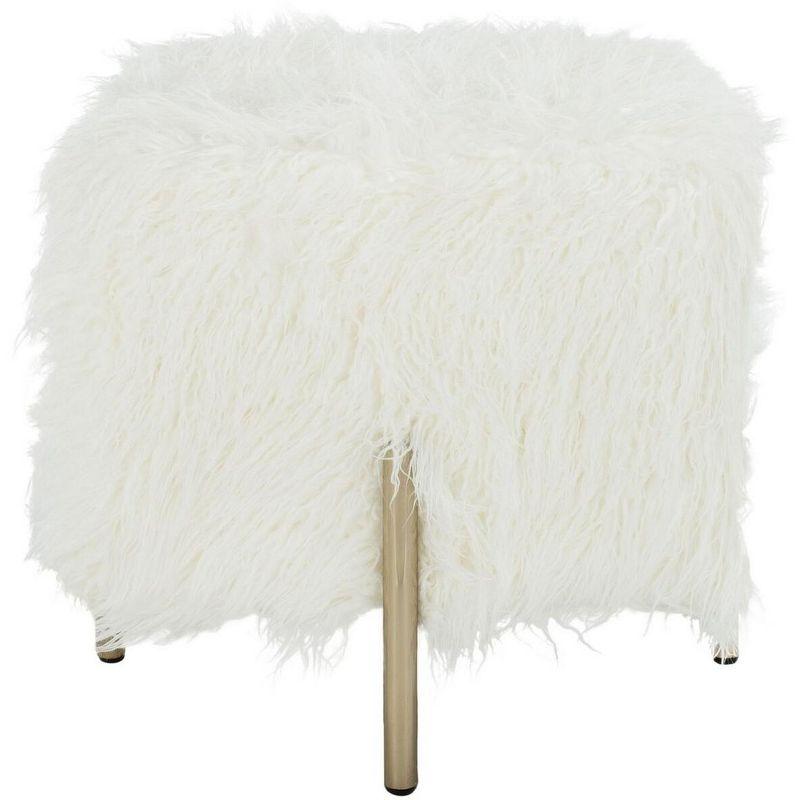 Posh White Faux Fur and Brass Square Ottoman