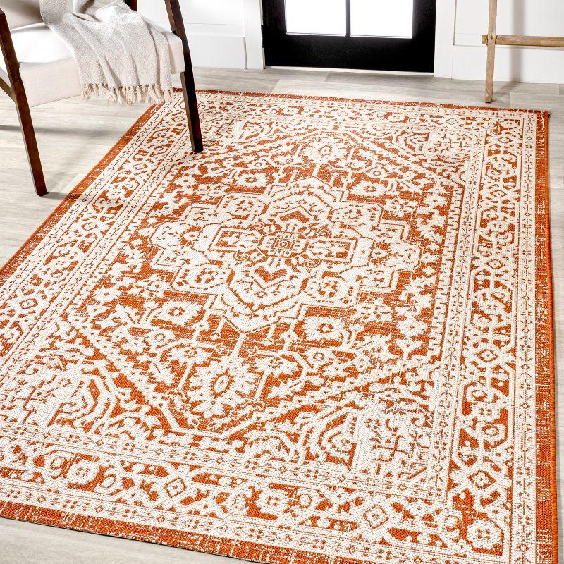 9' x 12' Sinjuri Medallion Textured Weave Indoor/Outdoor Area Rug, Orange/Cream - JONATHAN Y