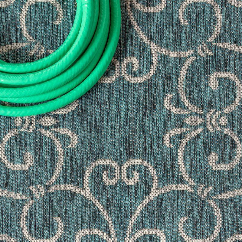 5' Square Charleston Vintage Filigree Textured Weave Indoor/Outdoor Area Rug, Teal/Gray - JONATHAN Y