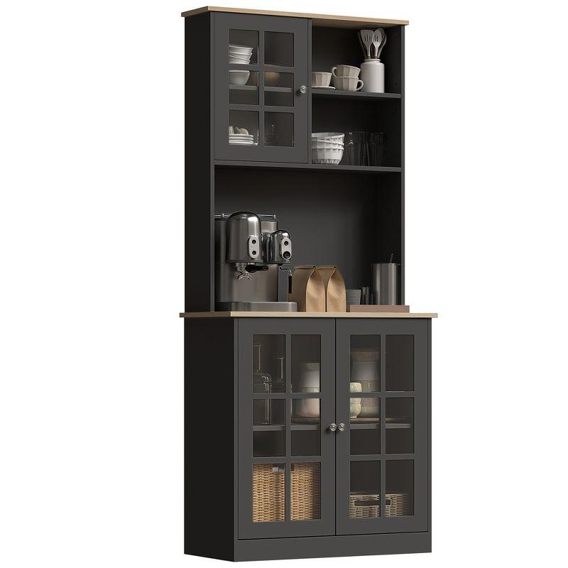 HOMCOM Kitchen Buffet with Hutch, Storage Pantry with 3 Cabinets, 2 Open Shelves and Large Countertop, Black