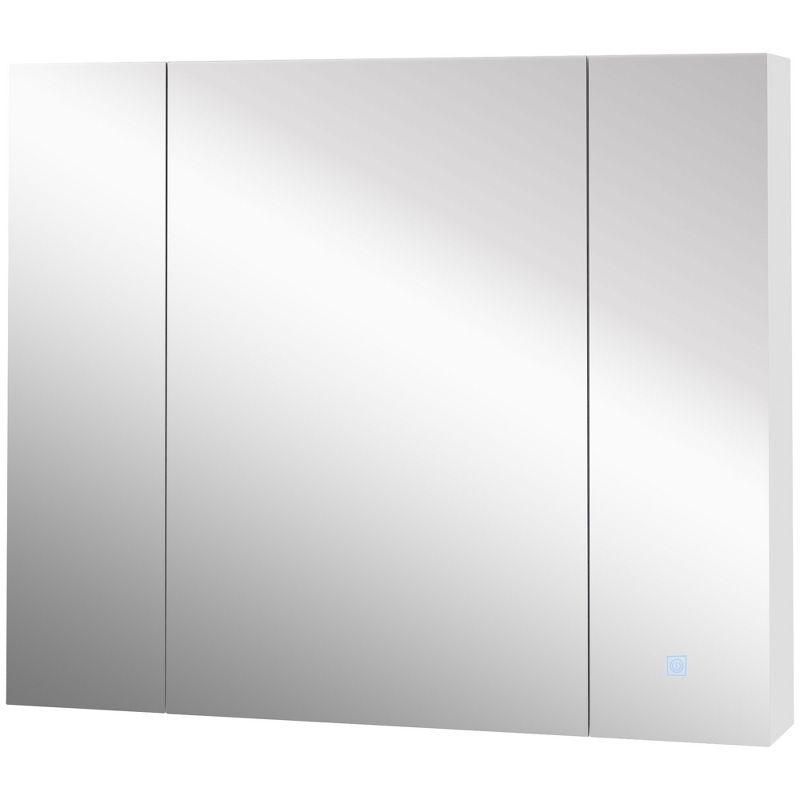 kleankin LED Medicine Cabinet, Wall-Mounted Bathroom Vanity Mirror Organizer with Dimmer Touch Switch, Three Doors, and USB Charged, White