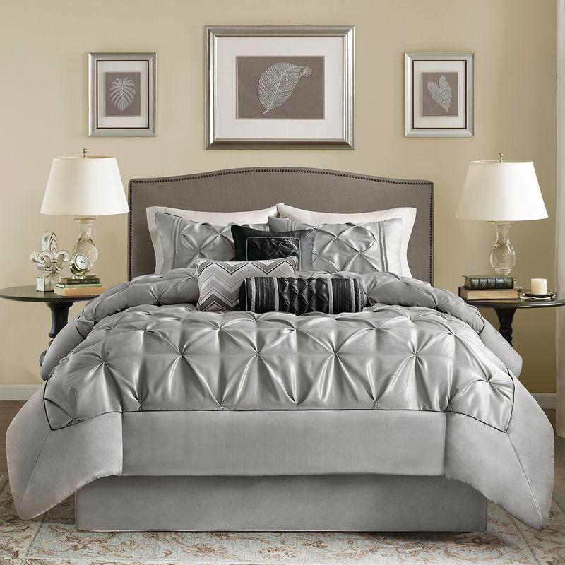 Madison Park Laurel 7-Piece Grey King Comforter Set with Stripes