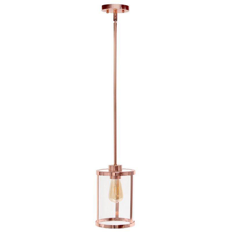 1-Light 9.25" Modern Farmhouse Adjustable Hanging Cylindrical Clear Glass Pendant Fixture with Metal Accent Rose Gold - Lalia Home