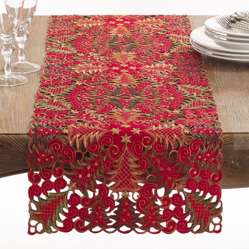 Red Polyester Christmas Tree Cutwork Table Runner