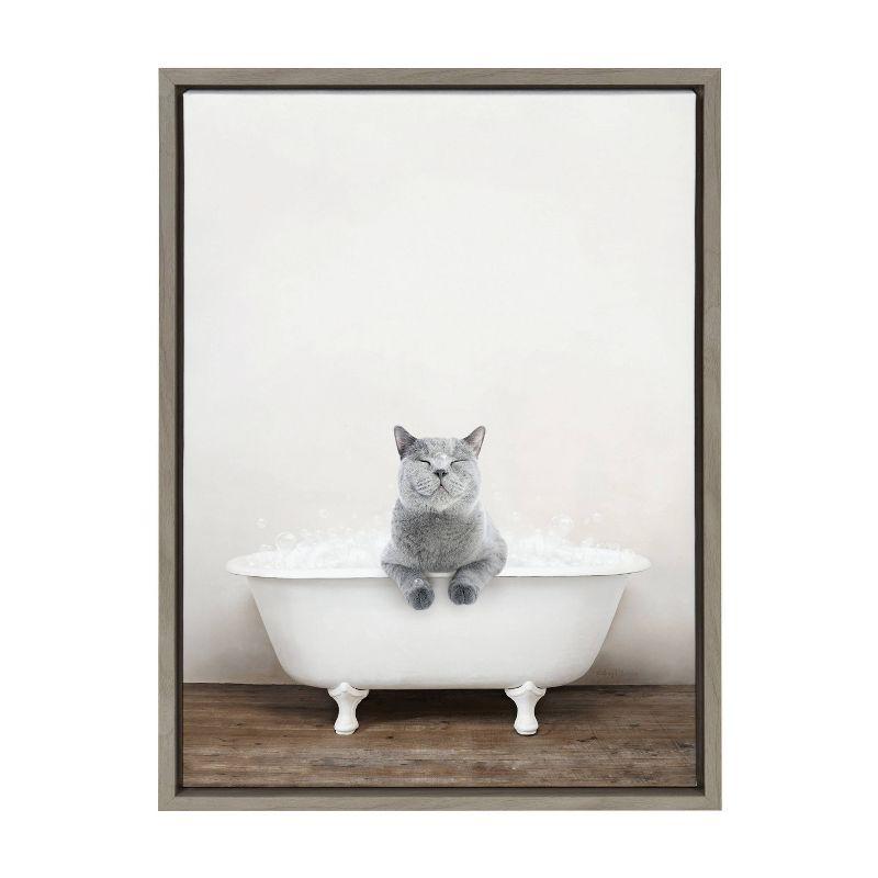 18" x 24" Sylvie Cat in Rustic Bath Framed Canvas by Amy Peterson: Bathroom Wall Art Decor - Kate & Laurel