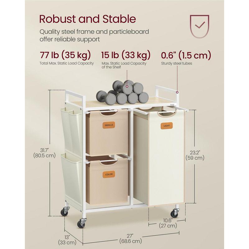 VASAGLE Laundry Hamper with 3 Compartments, 26.4 Gal. (100 L) Laundry Sorter, Rolling Laundry Cart with Shelves, Camel Brown and Cream White