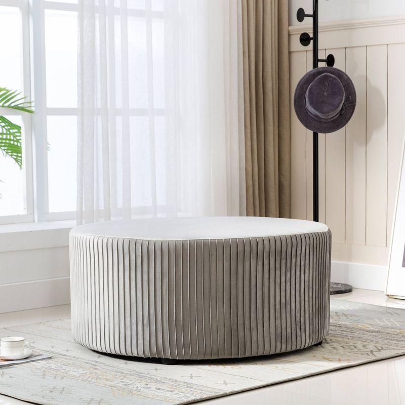 Emerson Round Ottoman Velvet Gray - ACEssentials: Chic Pleated, No Assembly, 330lb Capacity