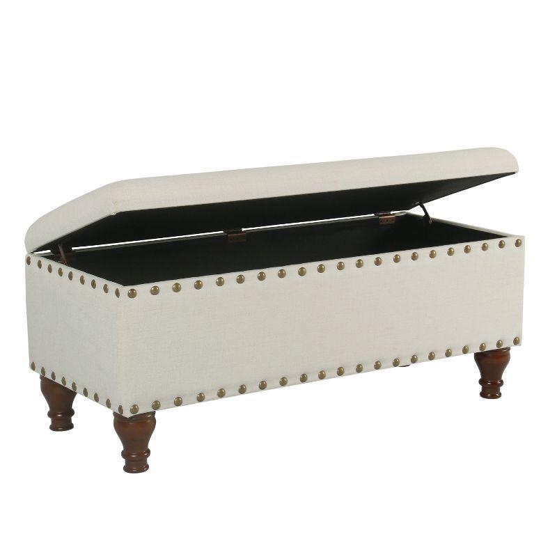 Walnut Finish Cream Linen-Like Large Storage Bench with Nailhead Trim