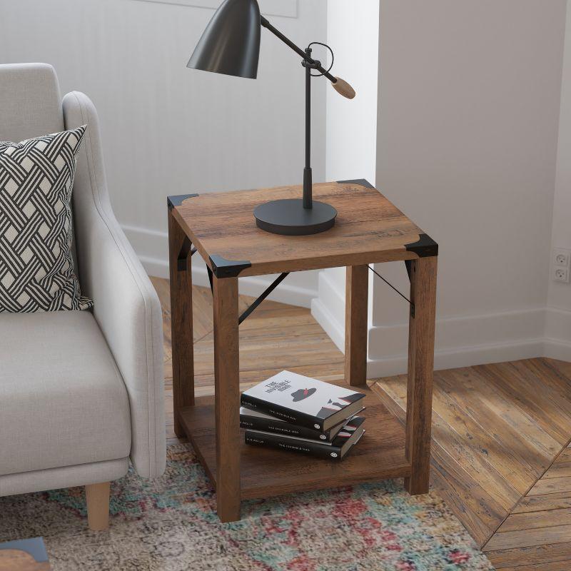 Flash Furniture Wyatt Modern Farmhouse Wooden 2 Tier End Table with Metal Corner Accents and Cross Bracing