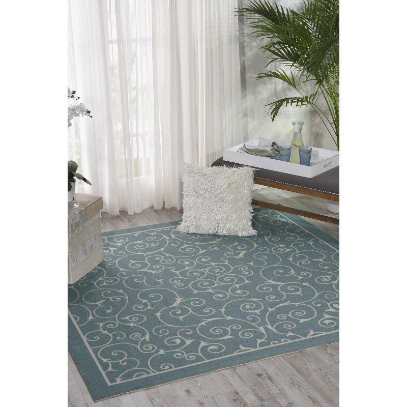 Light Blue Floral Square Easy-Care Indoor/Outdoor Area Rug