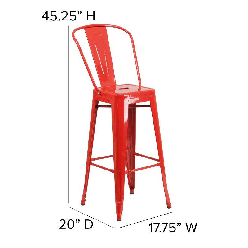 Vibrant Red Metal Indoor-Outdoor Barstool with Removable Back, 30"