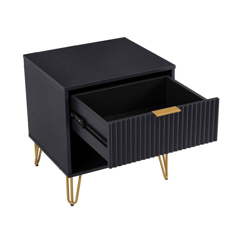 Manhattan Comfort Dumbo Nightstand with Drawer Black: Modern Design, Splayed Metal Legs, Soft Close Storage