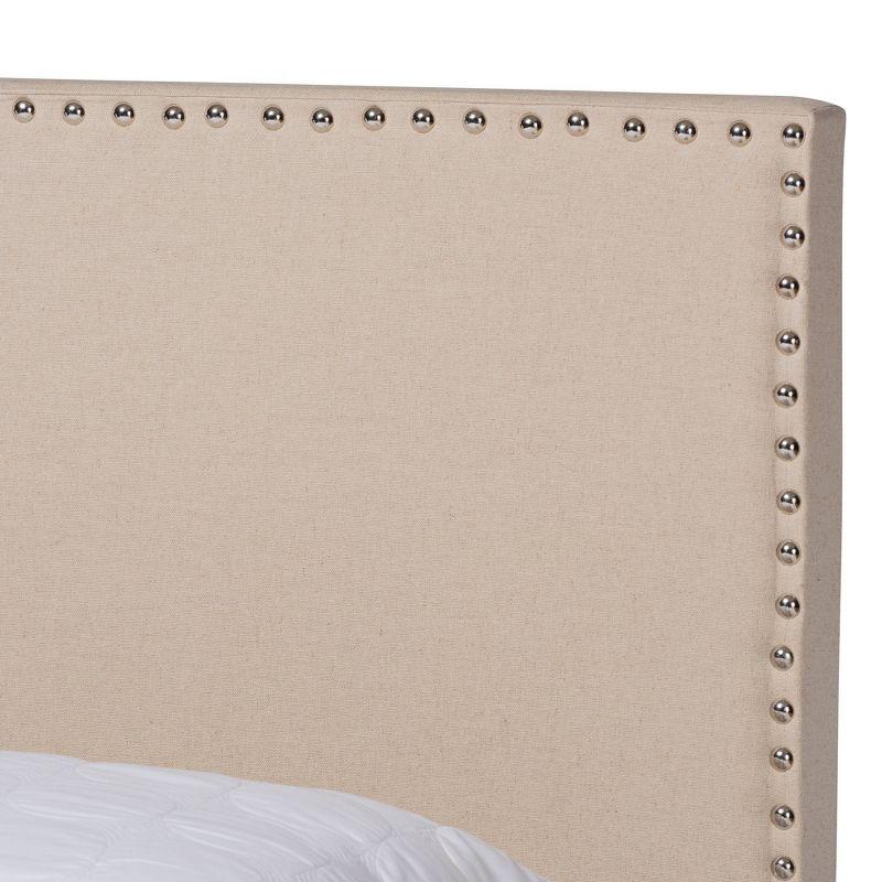 Ramon Full/Double Beige Linen Wood Frame Bed with Nailhead Trim