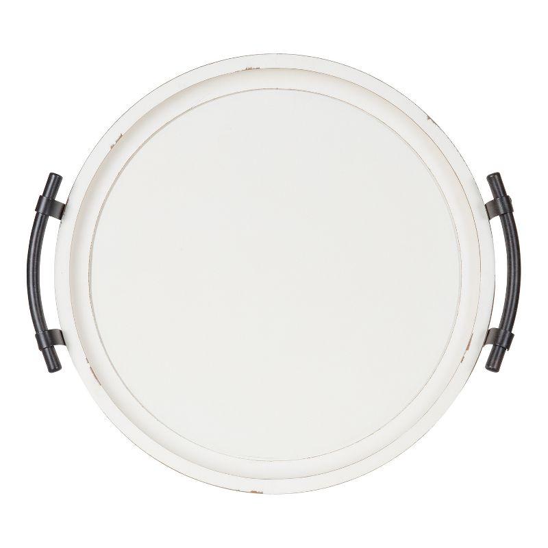 Rustic White 15" Wooden Round Serving Tray with Metal Handles