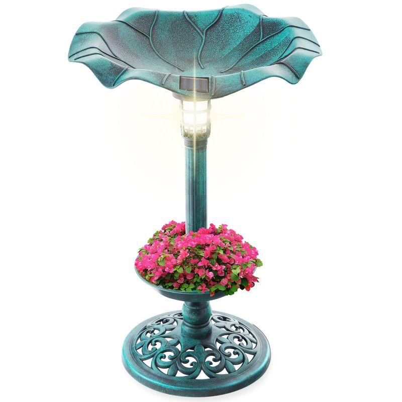 Green Solar Lighted Pedestal Bird Bath with Planter