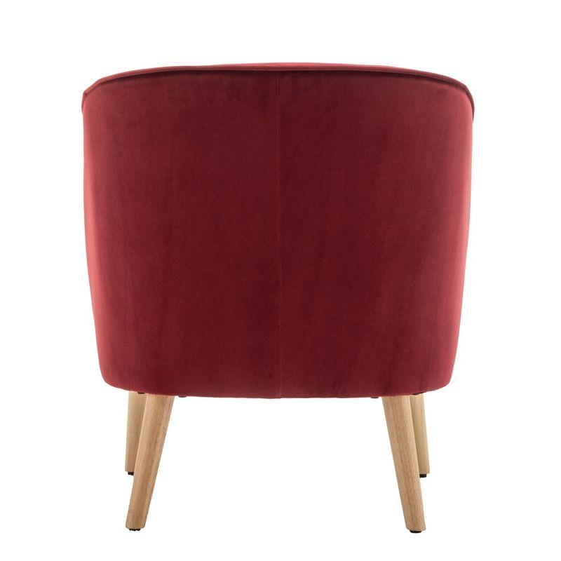 Sienna Red Velvet Barrel Accent Chair with Natural Wood Detailing