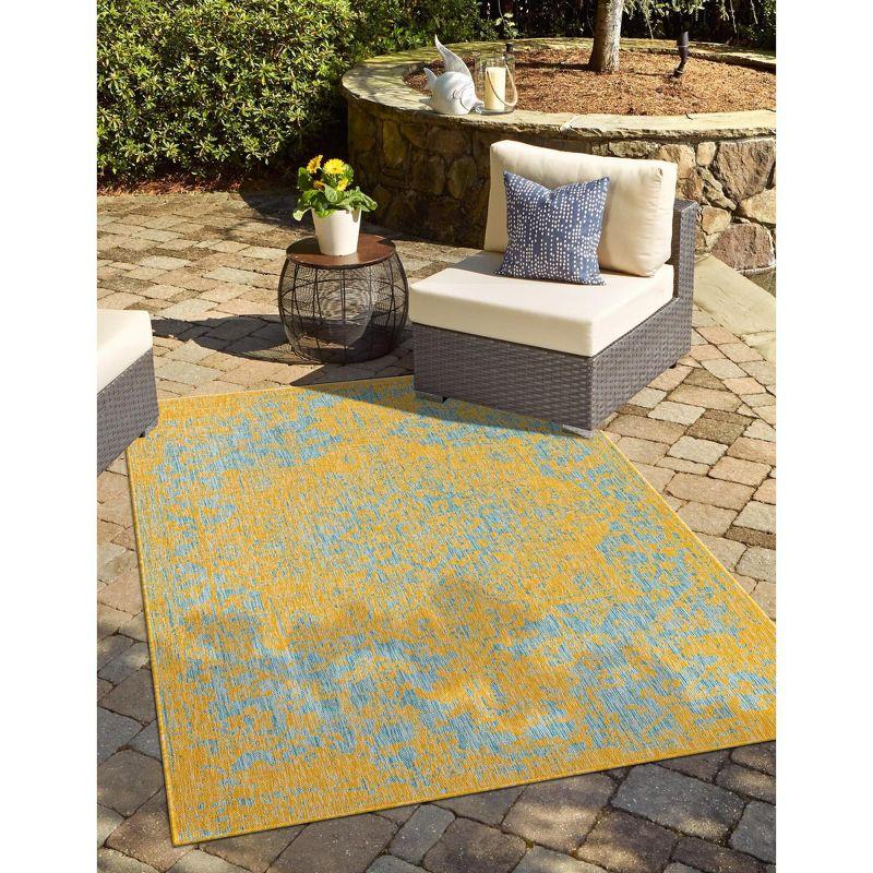 Yellow and Aqua Rectangular Synthetic Outdoor Area Rug