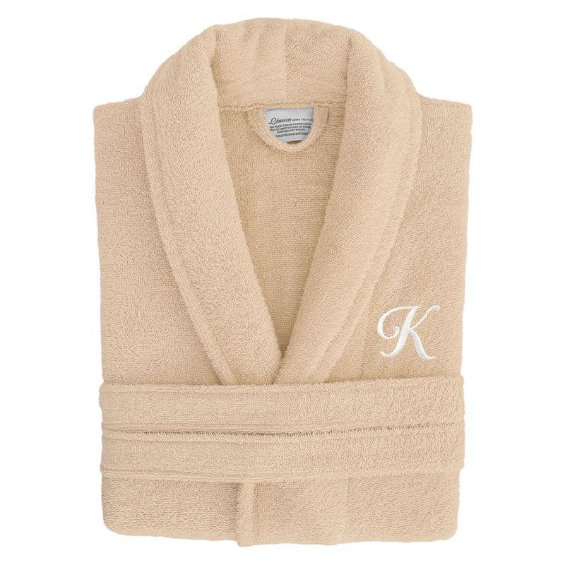 Linum Home Textiles 100% Turkish Cotton Adult Personalized Terry Bathrobe in White Script Font , Beige , Small/Medium