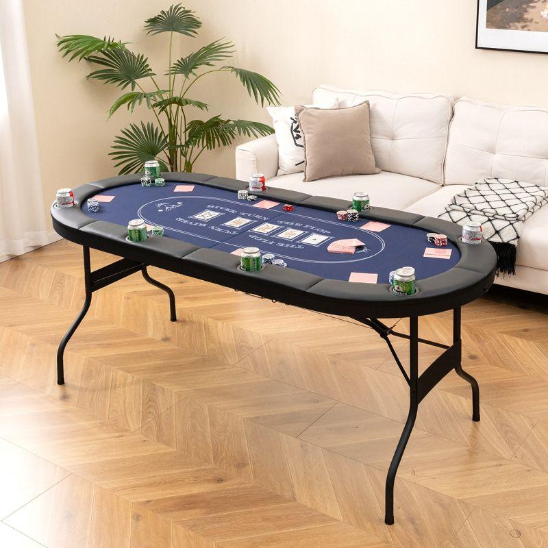 8-Player Blue Felt Foldable Poker Table with Padded Rails