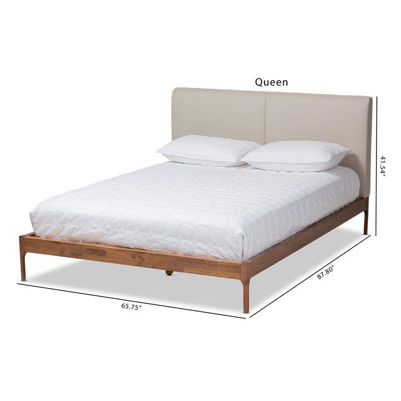 Mid-Century Modern Beige Upholstered Queen Bed with Oak Frame