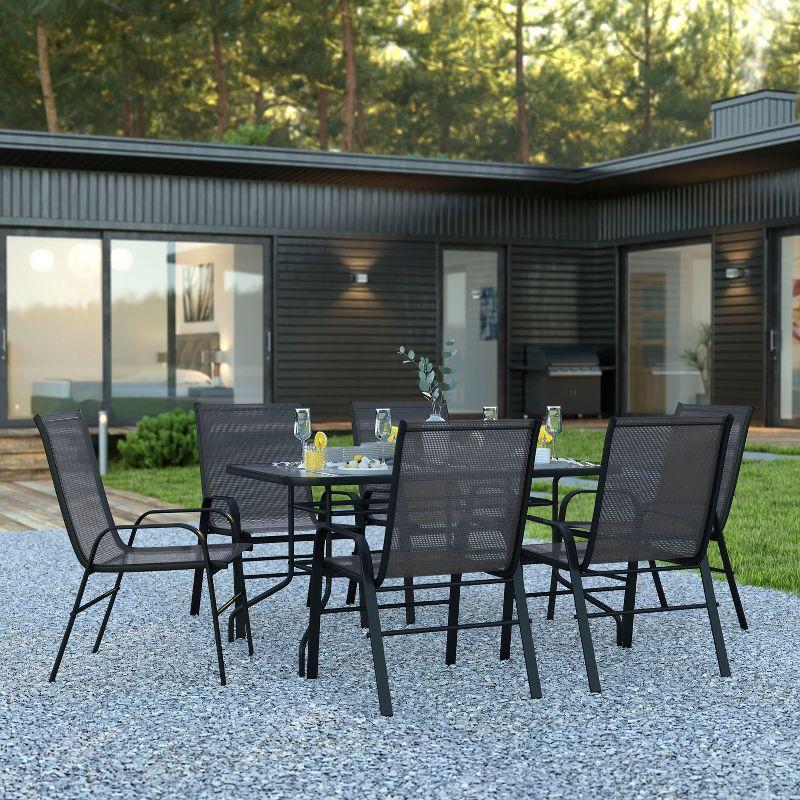 Brazos 7-Piece Black Steel & Tempered Glass Outdoor Dining Set