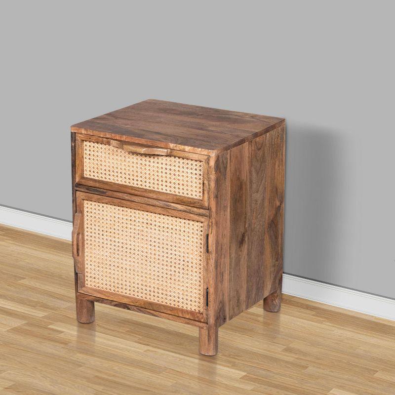 The Urban Port 23" Nightstand Woven Rattan Cabinet Door and Drawer Handcrafted Natural Brown Mango Wood Brown